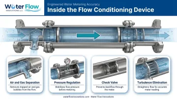 Four-component flow conditioning device system diagram with water flow arrows
