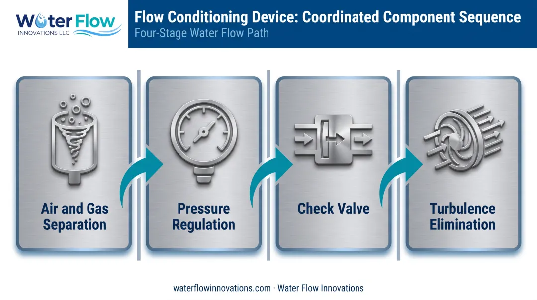 Flow Conditioning Device four-component process diagram for meter accuracy