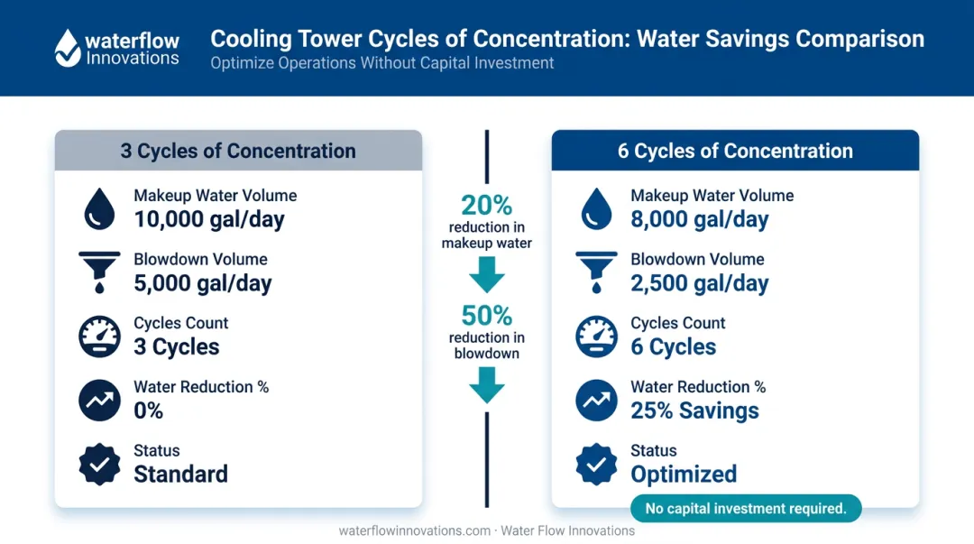 Cooling tower water consumption reduction cycles of concentration comparison infographic