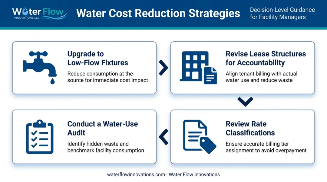 Four commercial water cost reduction decision strategies process flow infographic