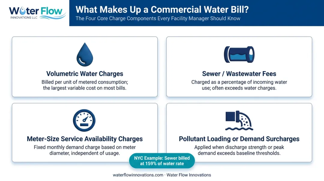 Commercial water bill cost components breakdown showing four charge categories