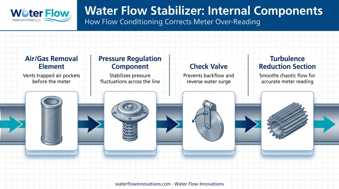 Water flow stabilizer core components diagram showing four internal parts