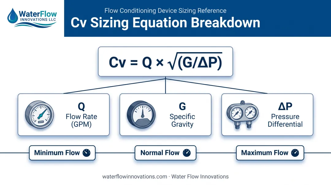 Cv valve sizing formula showing flow rate pressure and specific gravity variables