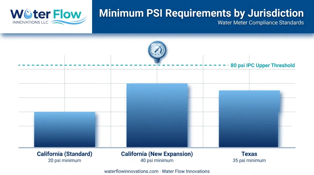 State minimum water pressure requirements comparison California versus Texas