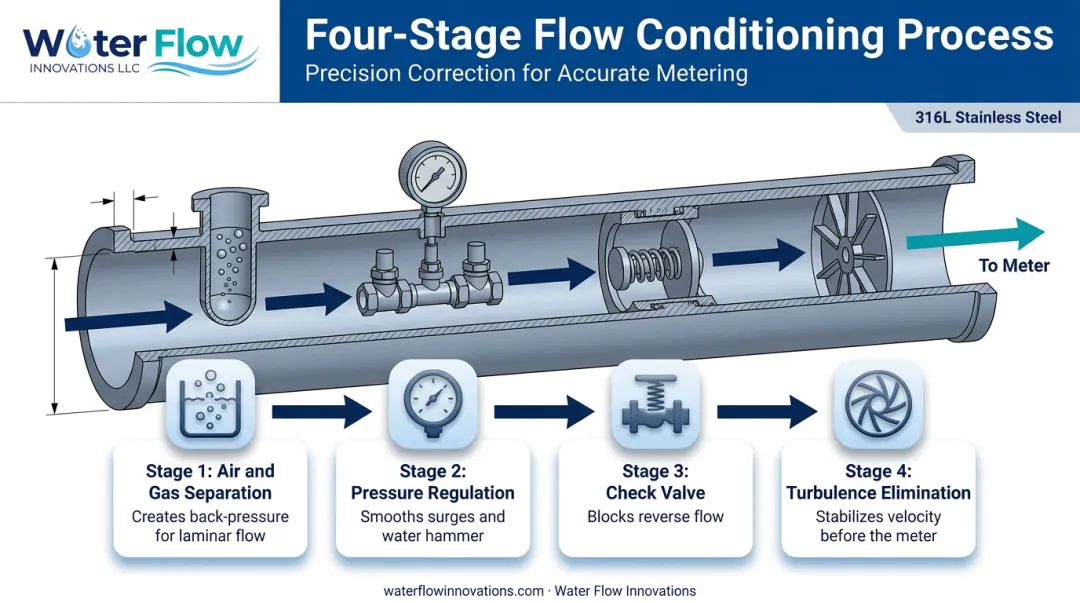 Four-stage flow conditioning device internal components and mechanism diagram