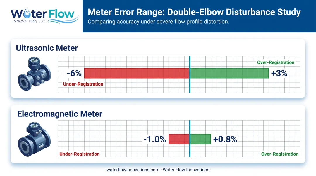 CFD study results showing ultrasonic and electromagnetic meter error ranges after elbows