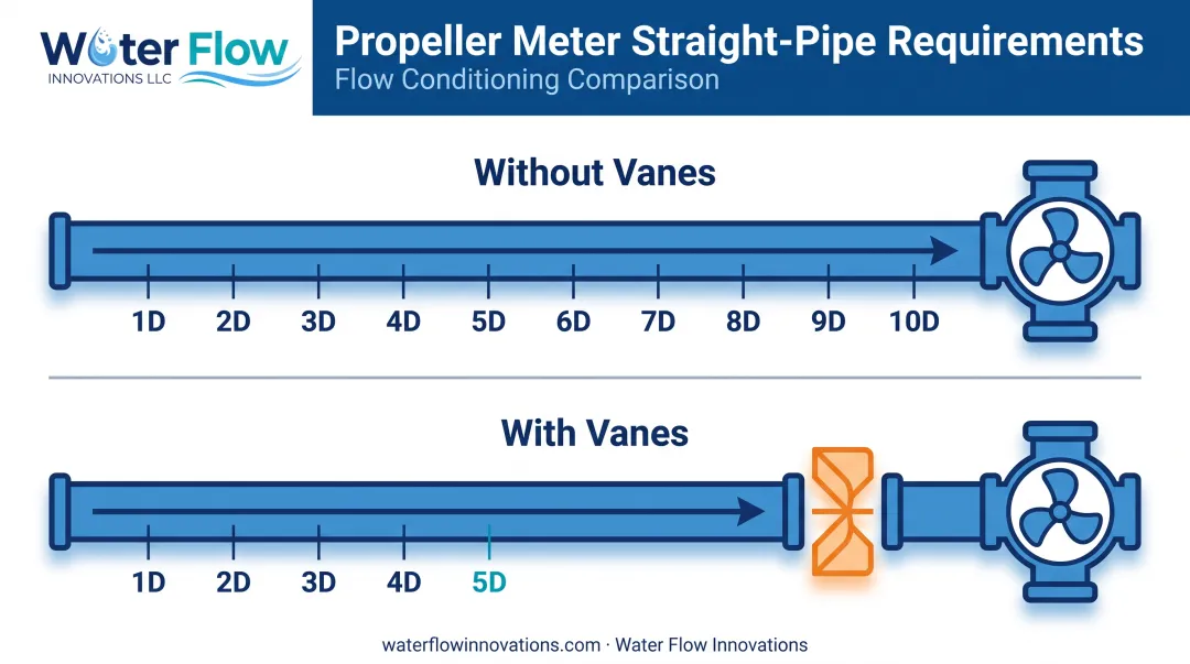 Comparison of standard vs vane-conditioned straight-run pipe requirements diagram