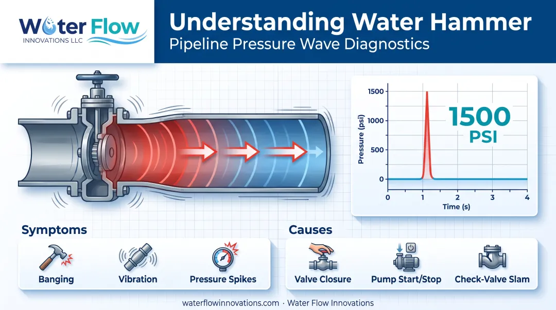 Water hammer causes and pressure surge symptoms diagram in pipelines