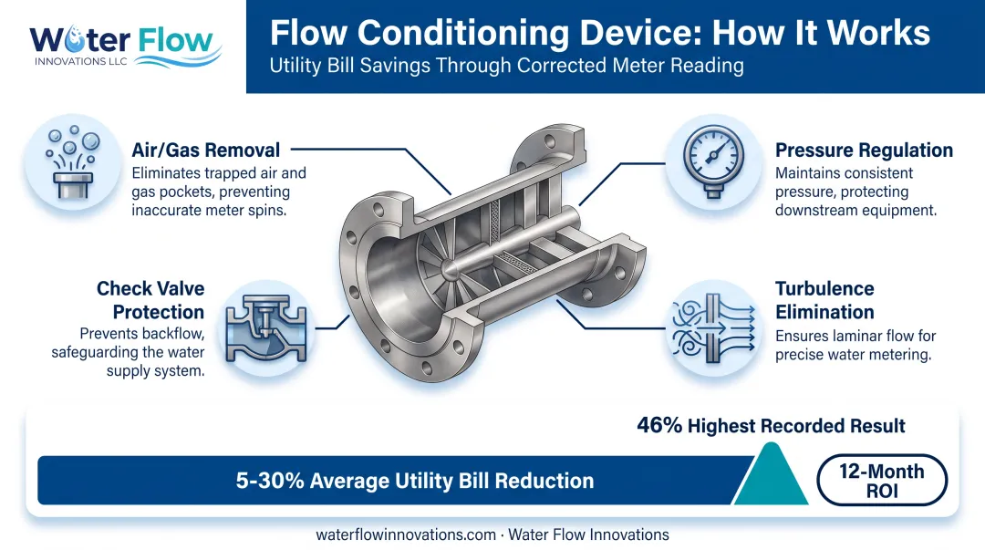 Flow conditioning device functions and utility bill reduction results breakdown