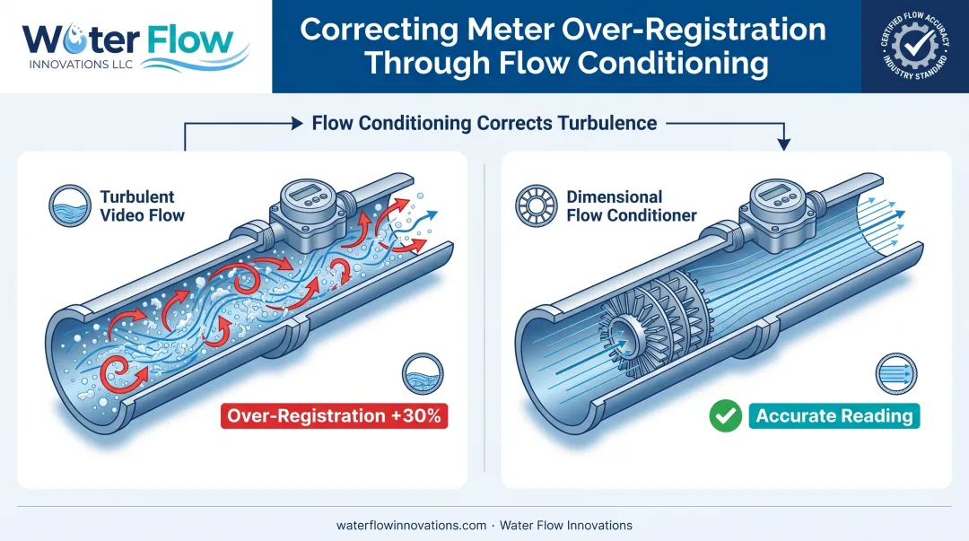 How turbulent flow causes water meter over-reading diagram