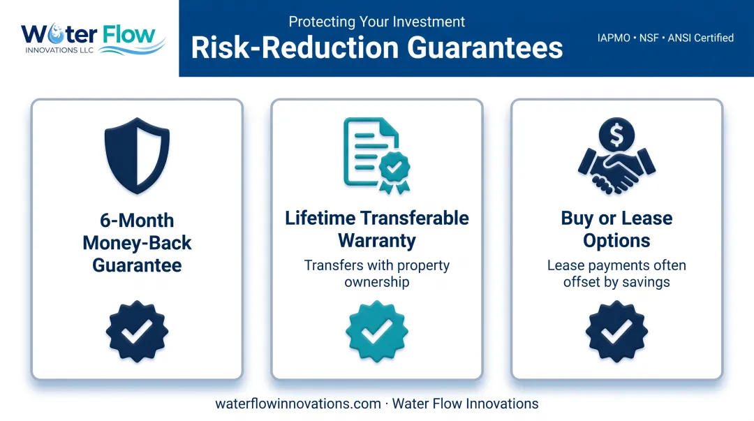 Flow conditioning device guarantee warranty and flexible financing options infographic