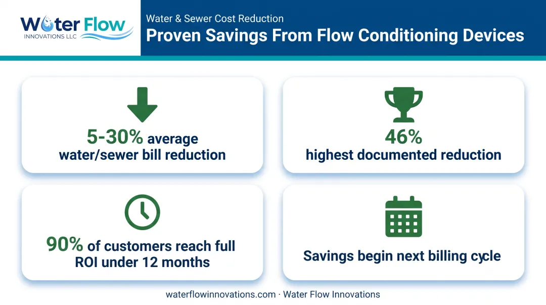 Documented water and sewer bill savings statistics after flow conditioning installation