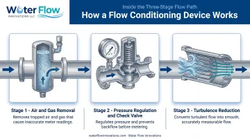 Three-step water flow conditioning process from air removal to turbulence reduction
