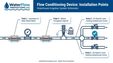 Three common installation points for flow conditioning devices in greenhouses