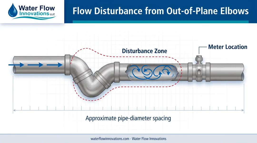 Pipe elbow configuration causing swirl and turbulent flow disturbance