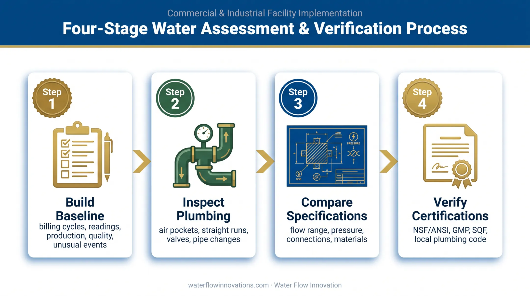 Four-stage winery flow conditioning device evaluation process