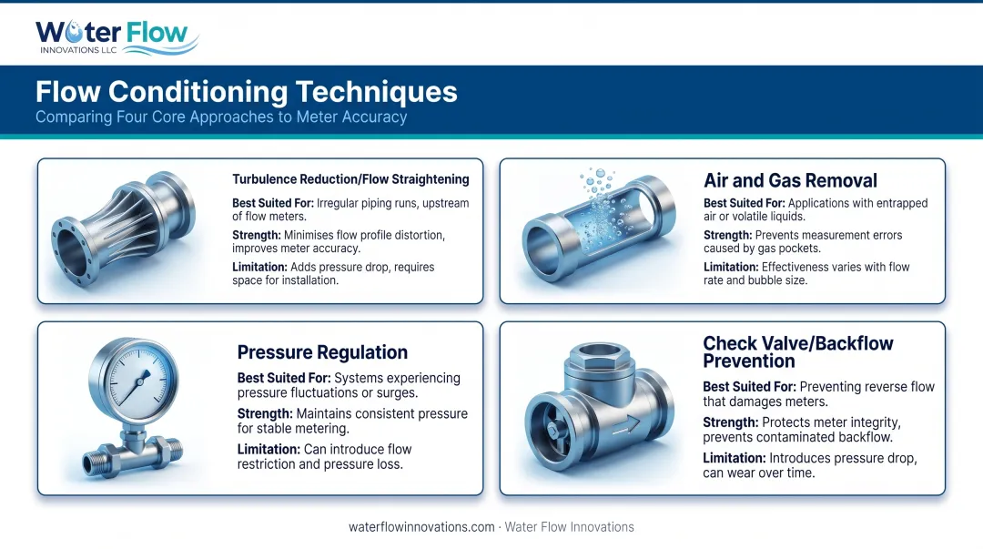 Four water flow conditioning techniques compared by use case and limitation
