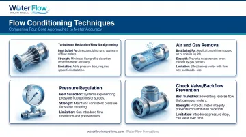Four water flow conditioning techniques compared by use case and limitation