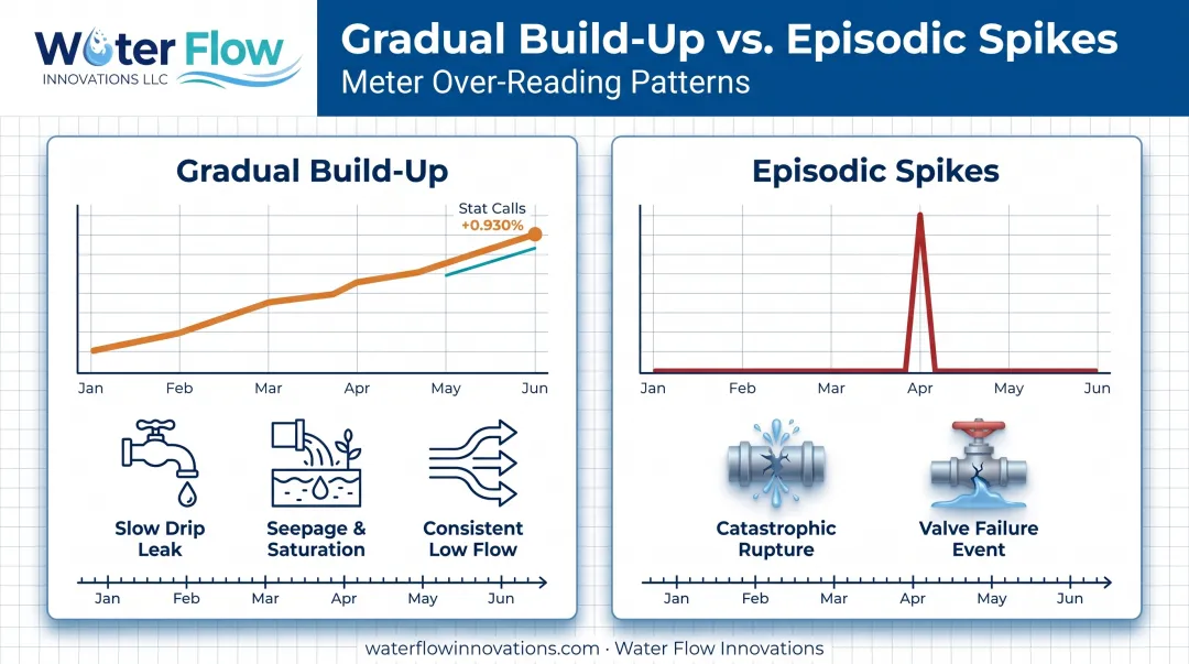 Gradual leak buildup versus episodic spike sewer bill patterns