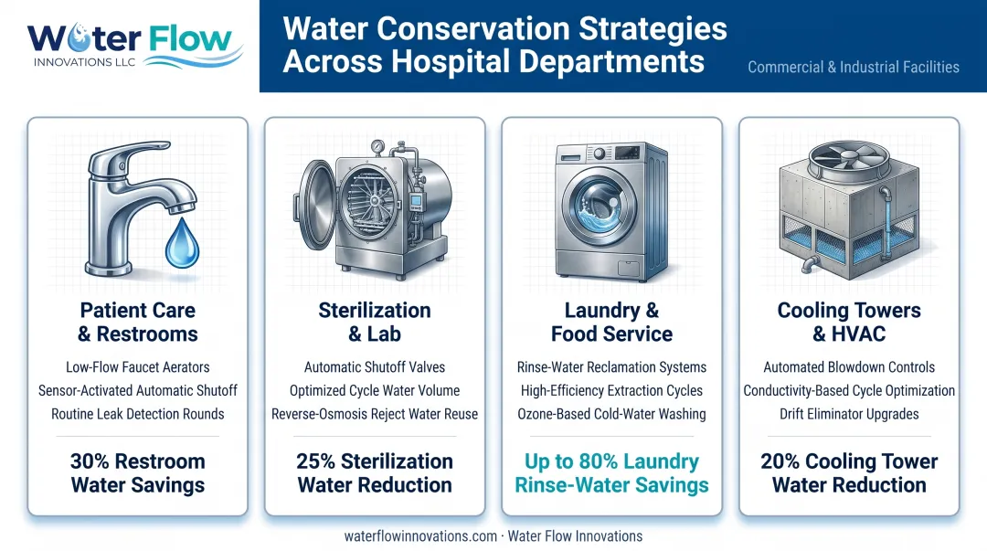 Water conservation strategies across four hospital departments comparison chart
