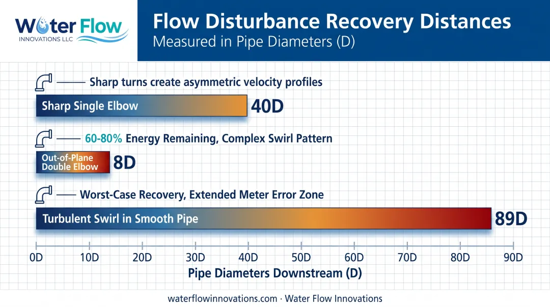 Flow recovery distance comparison chart for elbow disturbance types