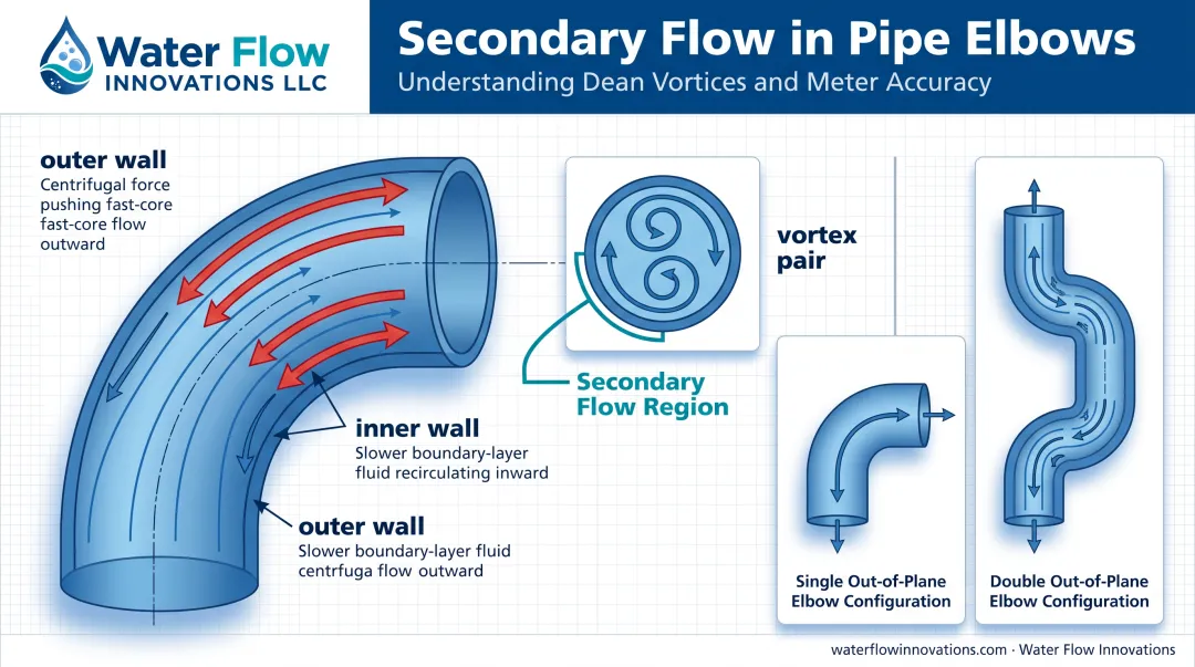 Dean vortex formation diagram showing secondary flow in pipe elbow