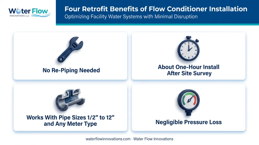 Flow conditioner retrofit installation benefits for existing piping systems