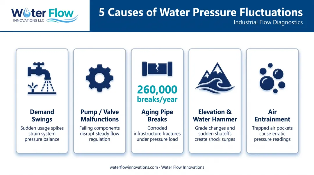 Causes of water distribution pressure fluctuations comparison infographic