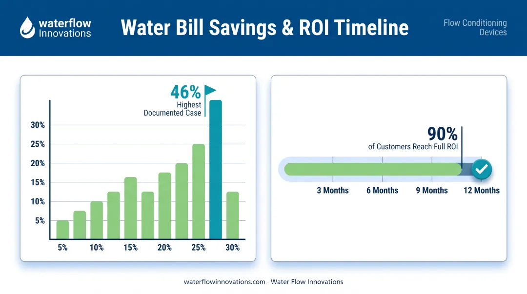 Water bill savings percentage range and ROI timeline chart