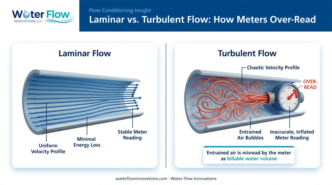 Laminar versus turbulent water flow comparison diagram near meter