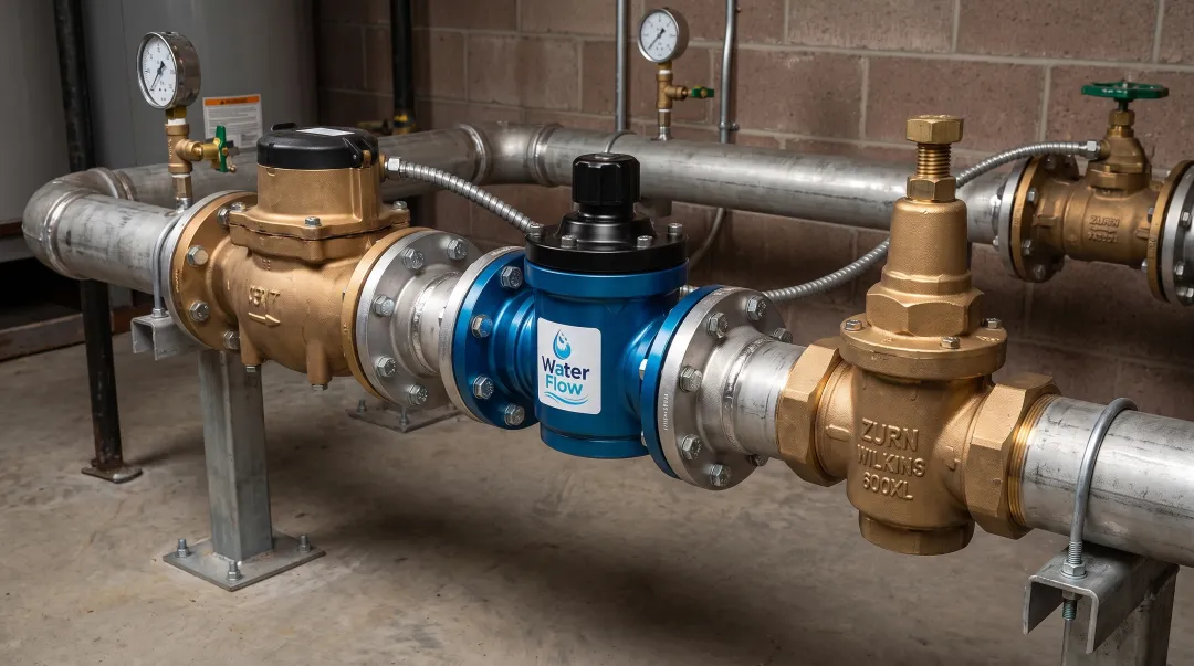 Flow conditioning device installed on industrial water meter piping system