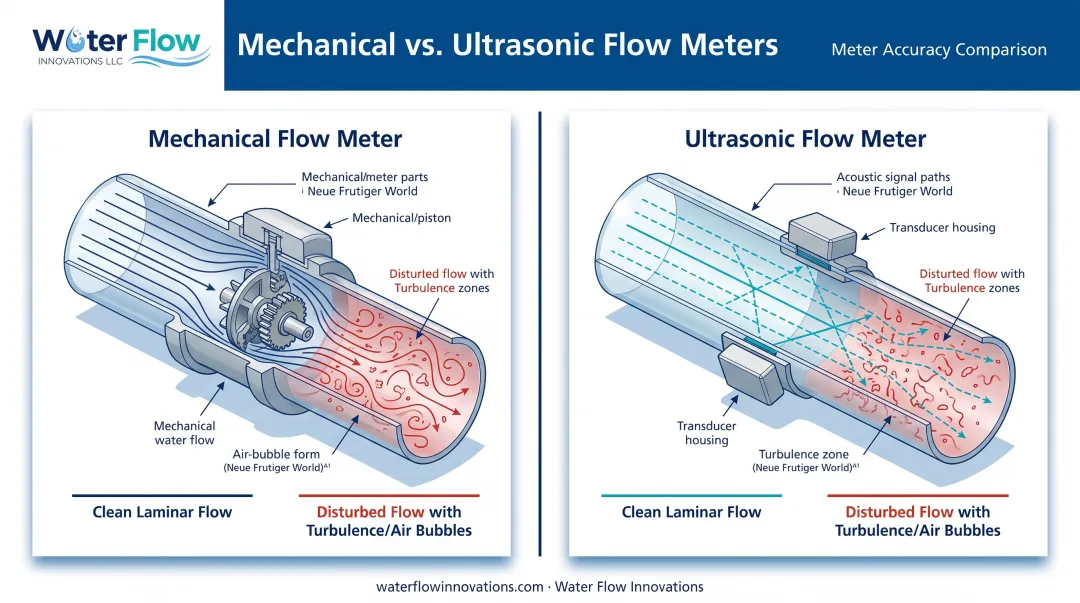 Diagram comparing mechanical and ultrasonic water meter flow measurement