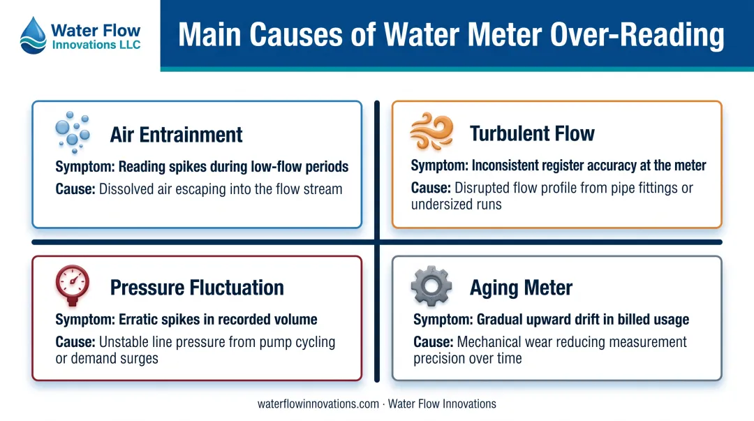Four root causes of water meter over-reading with symptoms comparison