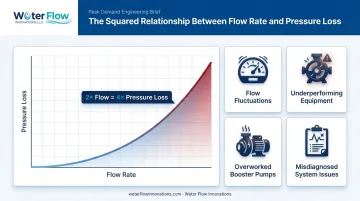 Squared relationship between flow rate and water meter pressure loss at peak demand