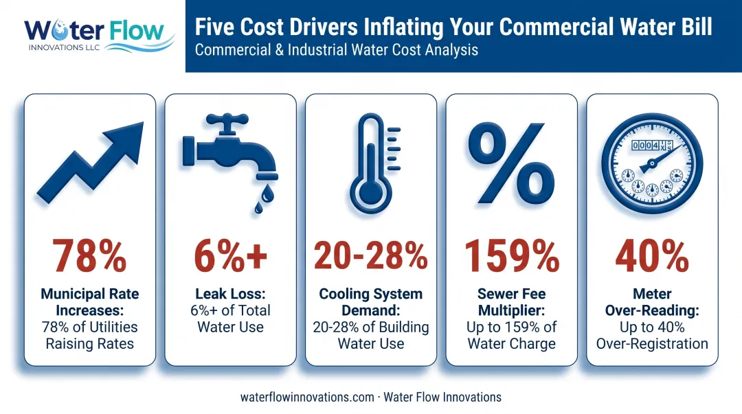 Five key cost drivers inflating commercial water bills infographic
