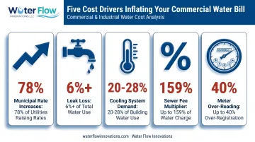 Five key cost drivers inflating commercial water bills infographic