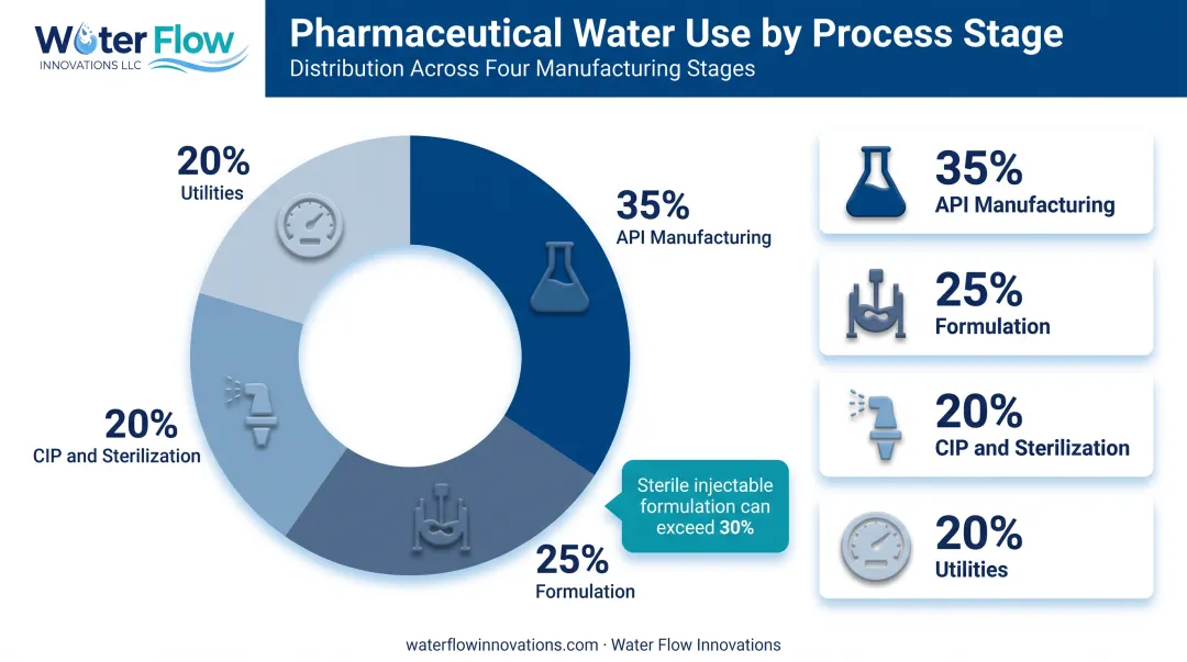 Pharmaceutical facility water use breakdown by process stage percentage