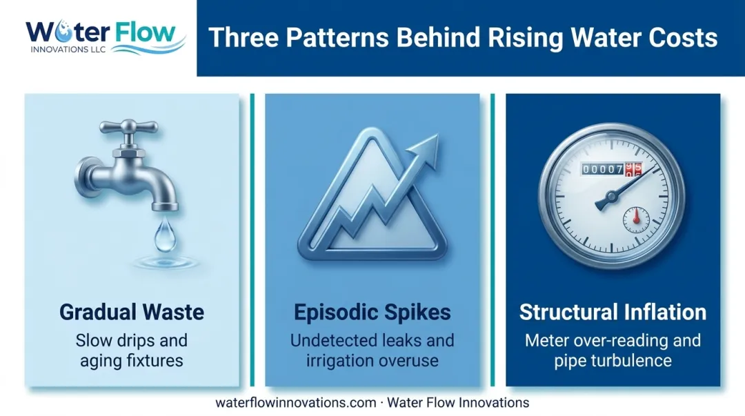 Three water cost buildup patterns gradual waste episodic spikes structural inflation