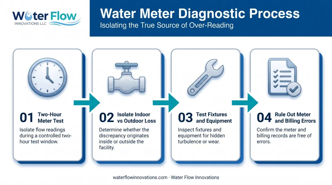 Four-step process to diagnose hidden water leaks and meter errors