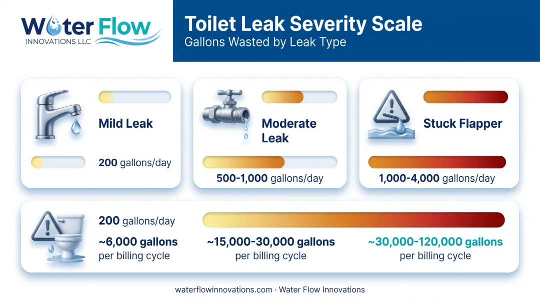 Toilet leak severity levels from mild trickle to stuck flapper