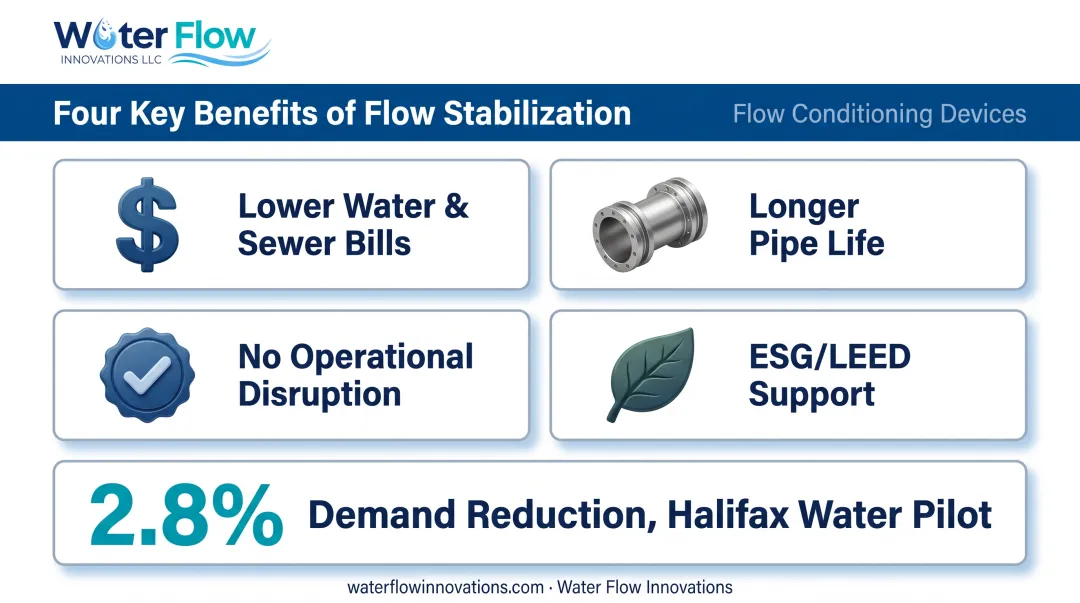 Flow stabilization benefits for facilities including cost and sustainability gains