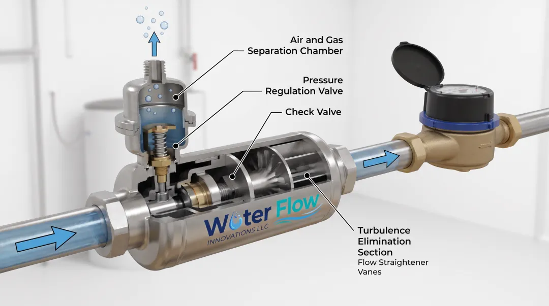 Flow Conditioning Device four-component system diagram for water meter accuracy