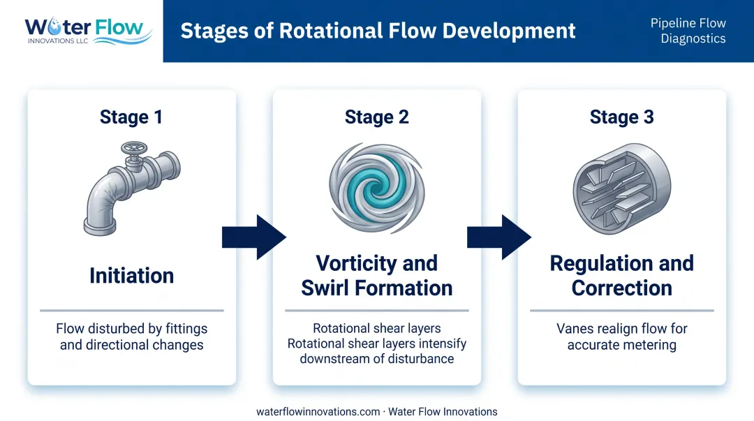 Rotational flow stages from initiation to correction in pipeline systems