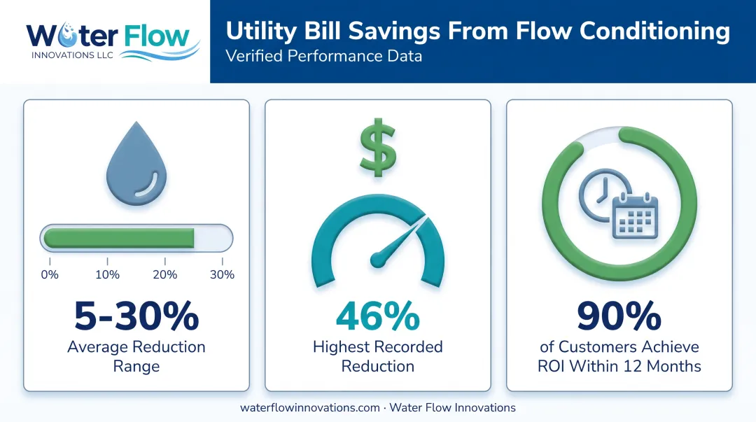Water and sewer cost reduction results from flow conditioning device installation