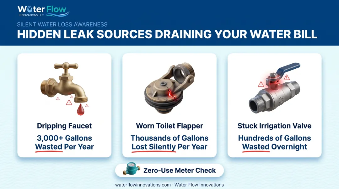 Hidden hotel water leak sources and annual gallons wasted infographic