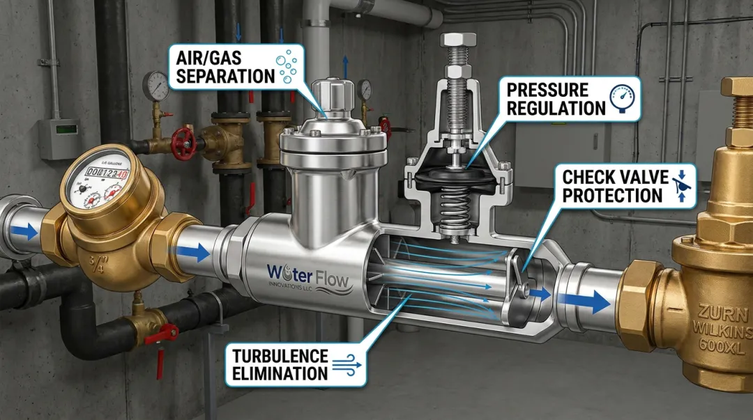Flow Conditioning Device correcting turbulence and air entrainment at water meter