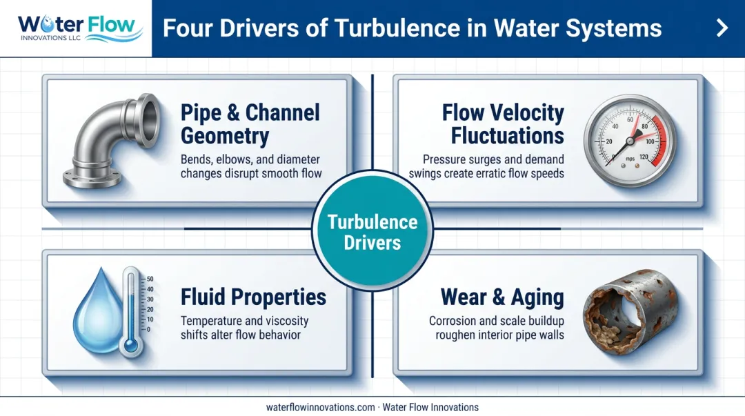 Four key factors driving water turbulence in pipe systems