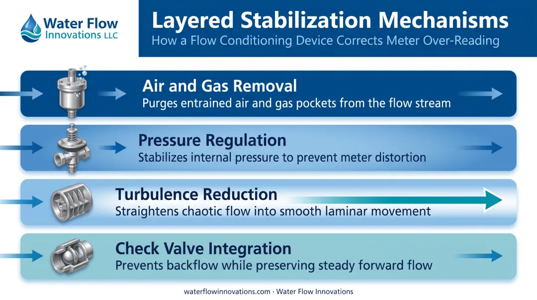 Four mechanisms of flow stabilization targeting measurement error sources
