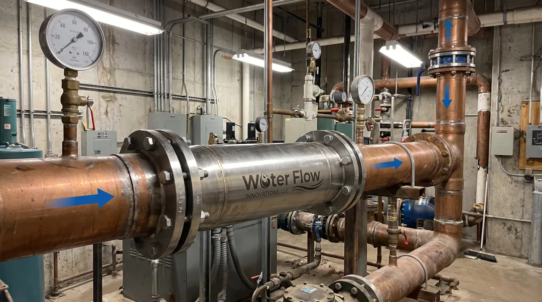 Stainless steel flow conditioning device installed on commercial water main line