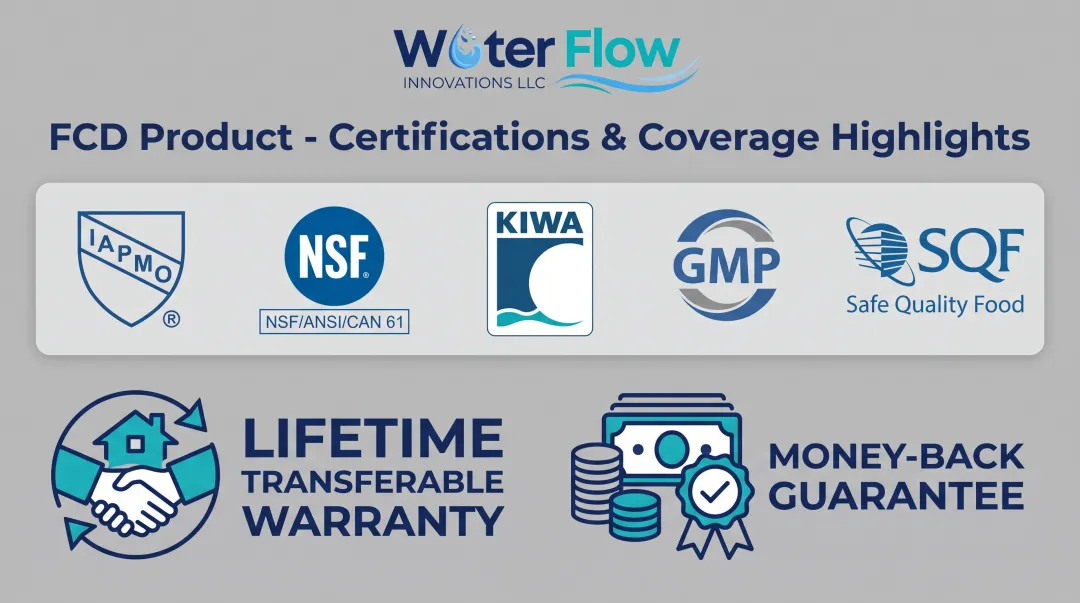 Certification badges and warranty details for flow conditioning device installation